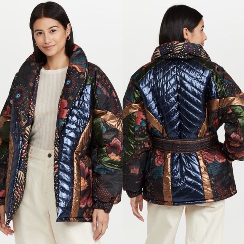 FARM RIO Wild Bananas Metallic Reversible Puffer Jacket, Size S, NWT